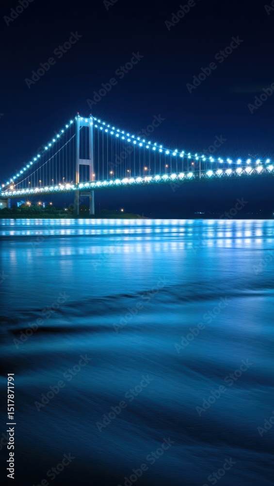 Fototapeta premium Illuminated suspension bridge night scene river reflection