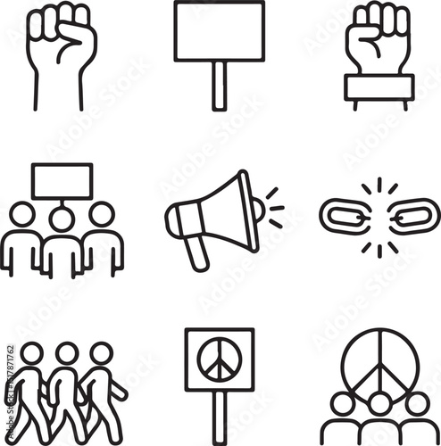 Protest and Activism Line Icon Set – Vector Pictograms of Demonstration, Solidarity & Social Movements