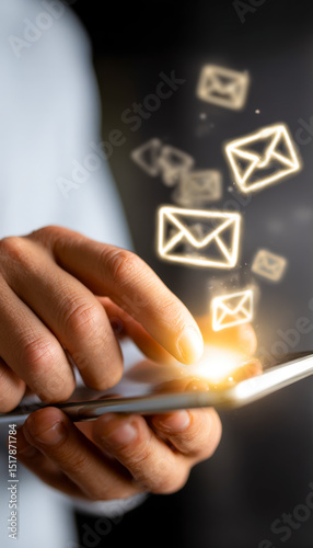 Person using a smartphone with glowing email icons floating above it