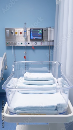 Newborn baby crib in hospital room ready for arrival