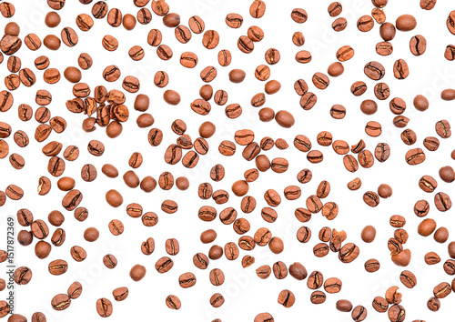 Roasted coffee beans in free fall isolated on transparent PNG
