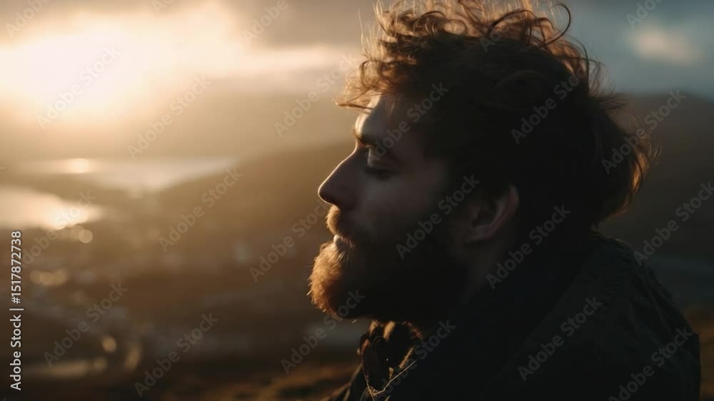 Serene contemplation: A bearded person enjoys a moment of inner peace, absorbing the warm glow of the setting sun. The person is deep in thought