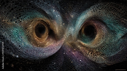 Abstract Digital Art: Intertwined Swirling Vortexes with Cosmic Dust, Luminous Textures, and Dark Background for Science, Technology, and Fantasy Concepts