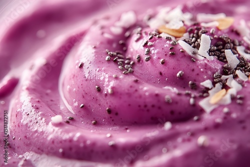 macro close-up of pink berry smoothie with granola and coconut. creamy texture and healthy toppings