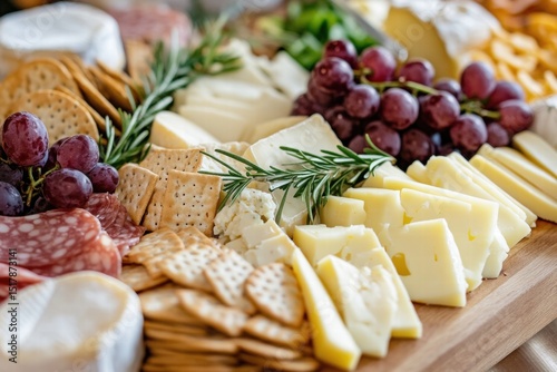 Mixed cheese platter with grapes nuts and sliced meats