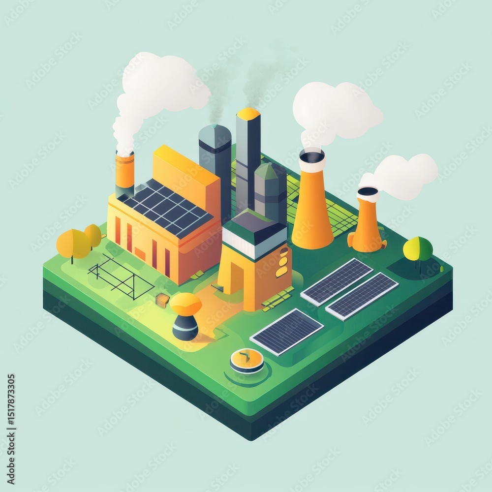Obraz premium Eco-friendly power plant with solar panels, smokestacks, and grassy terrain.