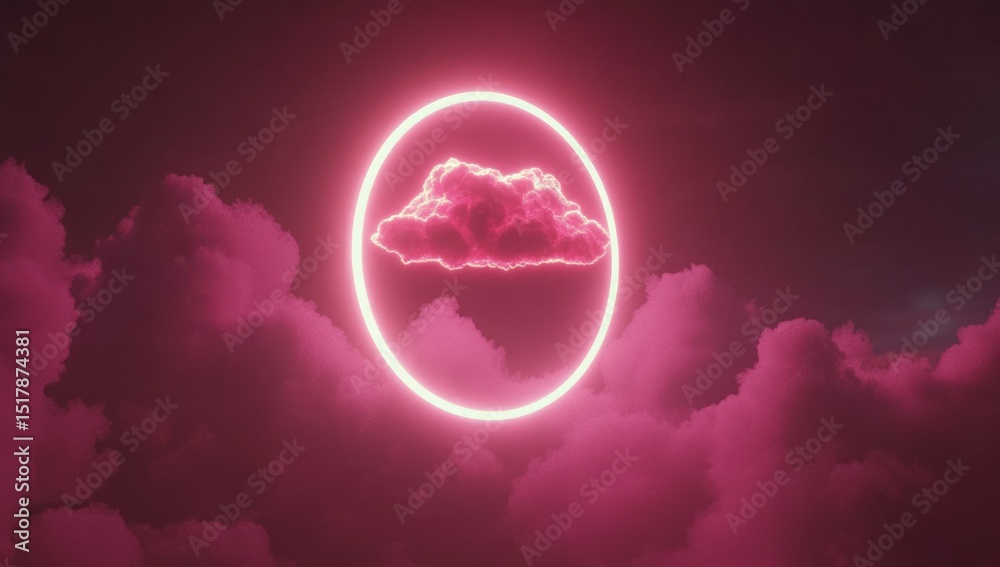 Obraz premium Pink Neon Cloud in a Glowing Circle Night Sky
