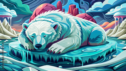 Cute cartoon polar bear peacefully sleeping on an ice floe, surrounded by cold arctic environment in a minimalist vector scene