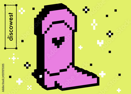 3d cowgirl boot pixel art pink color fashion element. Trendy footwear glamour western collage sticker. 8bit retro style isolated vector illustration. Geometric shape. Game abstract wild west shoe icon
