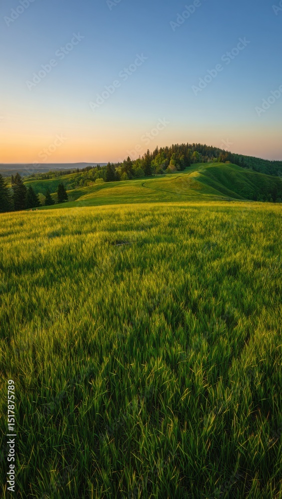 Fototapeta premium Serene sunset over rolling green hills and lush field