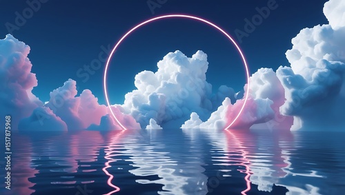 3d render, abstract geometric background, white cloud and glowing neon round frame. Illuminated cumulus. Minimal futuristic seascape with reflection in the water