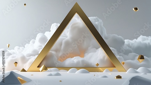 3d render, abstract geometric background of gold linear triangle inside the white cloud, floating mystic vapor, futuristic minimalist wallpaper