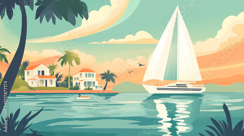 flat design illustration of a sailboat sailing in a tropical sea