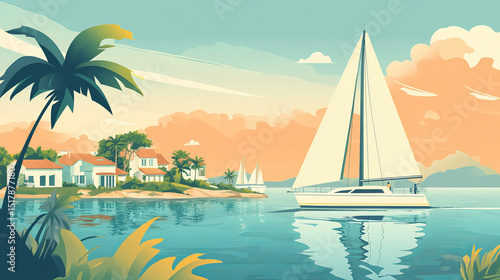 flat design illustration of a sailboat sailing in a tropical sea
