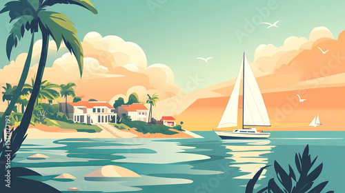 flat design illustration of a sailboat sailing in a tropical sea