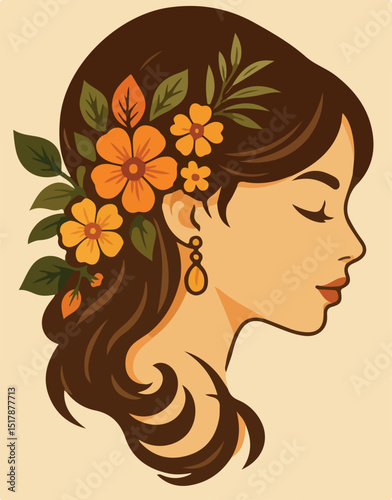 A graceful woman adorned with blooming flowers, her closed eyes and flowing hair evoke serenity, beauty, and nature’s timeless charm in perfect visual harmony