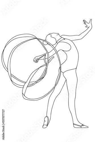 Young rhythmic gymnast performing a ribbon dance. Black and white doodle style illustration on a white background. Hand drawn vector. Vector illustration