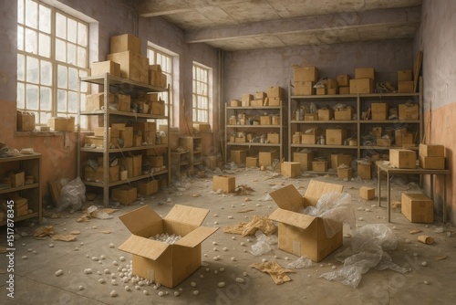 Chaotic arrangement of cardboard boxes in rustic pastel warehouse interior