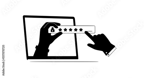 Laptop screen showing password entry silhouette hands cyber security threat isolated on transparent background