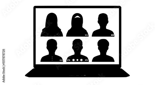 Laptop screen showing six diverse people silhouettes in a video conference isolated on transparent background