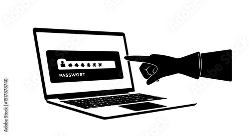 Laptop login screen silhouette hand typing password isolated on transparent background