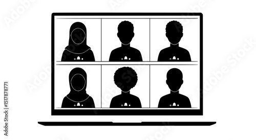 Online video conference meeting six participants silhouette isolated on transparent background