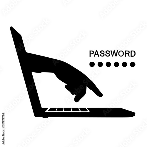 Hand typing password on laptop silhouette isolated on transparent background
