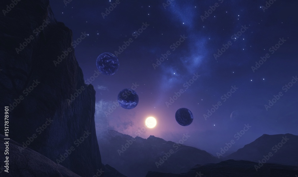 Naklejka premium Purple Planets and Milky Way Over Dark Mountain Landscape at Sunset