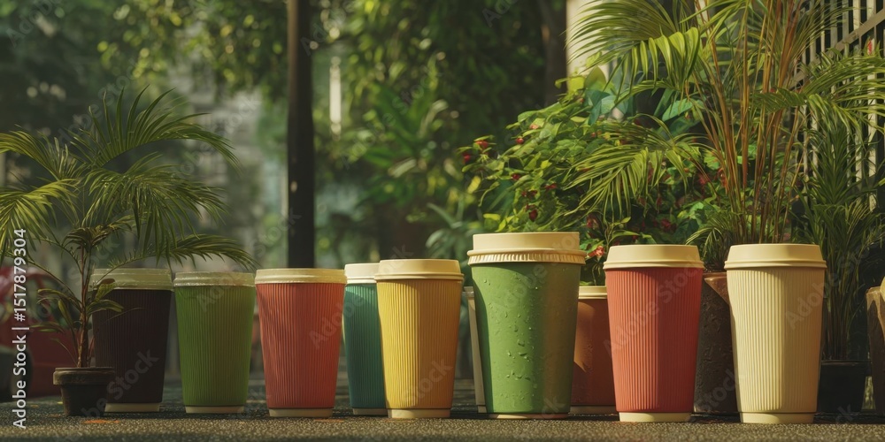 Fototapeta premium Colorful Beverage Cups Arranged on Sidewalk in Urban Greenery Scene