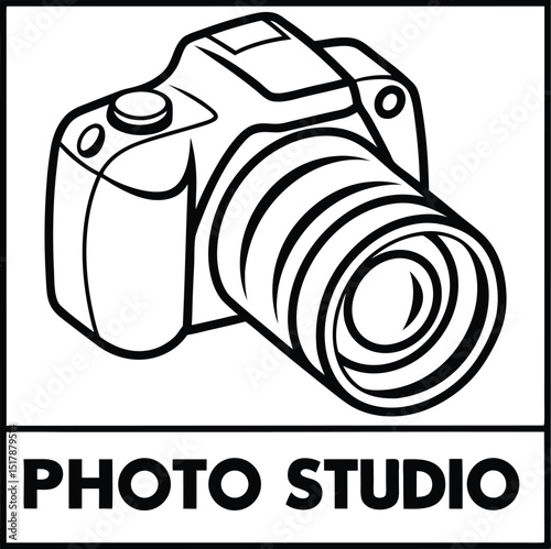 A black and white outline of a camera with the words photo studio in a box below the camera image