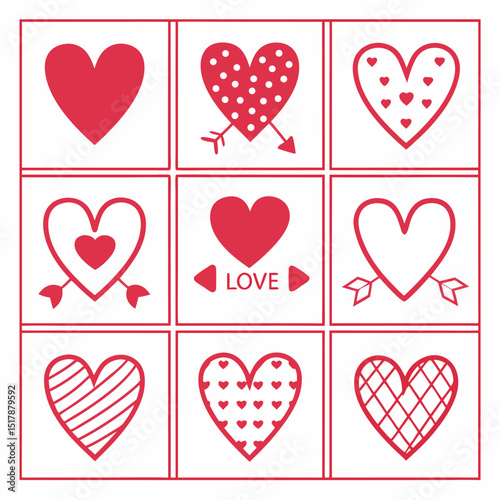 Nine red heart icons in a grid displaying various patterns and designs for love and romance