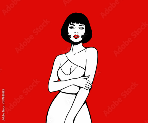 Pop art style vector illustration of a confident woman with short dark hair and red lipstick, arms crossed. Modern fashion character, bold stylish look, and vibrant graphic design on a red background.