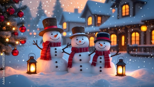 Cheerful Snowman Family in a Festive Christmas Village Scene