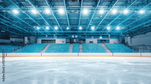 Empty hockey arena with gleaming ice, quiet stands. A moment of calm before the storm.