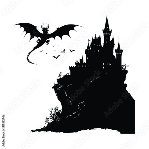 A dragon flying over a medieval castle silhouette design