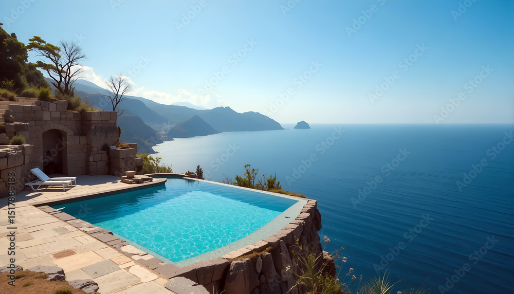 Fototapeta premium Stunning Ocean View From a Cliffside Infinity Pool Under a Clear Blue Sky With Distant Mountains and Calm Waters