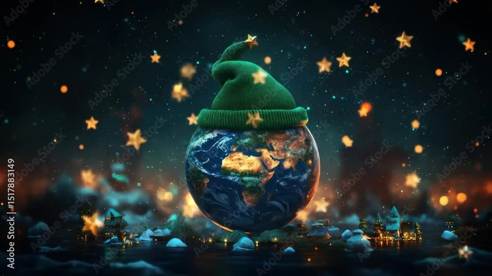 Earth in a festive green hat, surrounded by Christmas lights and stars, over a winter wonderland scene