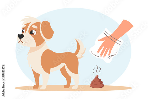 Clean up after your pet. Dog and hygienic bag for dog waste. Pet care, environmental awareness and waste disposal. Illustration.