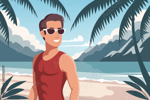 Young man with sunglasses enjoying the sun at the beach. Summer time, vacation concept. Travel illustration.