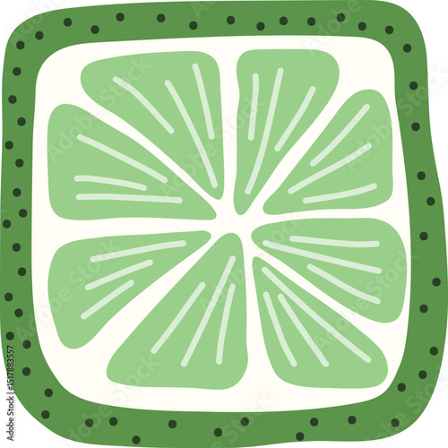 Artistic hand drawn illustration of square lime. Vector drawing of citrus fruit slice with raw juicy pulp isolated on white background. Drawing of summer vitamin dessert for your printing.
