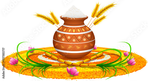Happy Pongal Holiday Harvest Festival of Tamil Nadu South India greeting background
