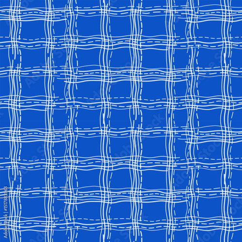 Abstract checkered graphic seamless pattern. White intersecting wavy lines on blue background. Minimalist texture vector background. Geometric criss-cross design element. Tattered piece of old fabric