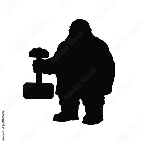 Strong dwarf silhouette holding mighty hammer