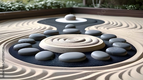Zen garden, Japanese garden, dry landscape, karesansui, sand, raked sand, rocks, stones, meditation, tranquility, harmony, mindfulness, spiritual, minimalist, natural, outdoor, decor, design, serene, 