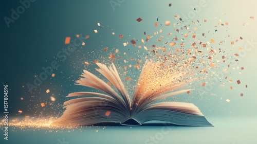 Open book, golden particles fly out