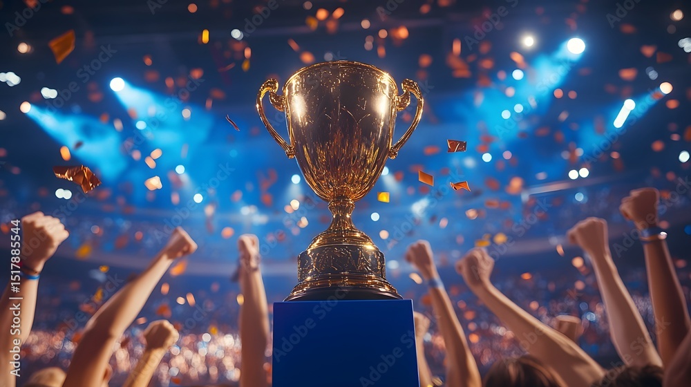Naklejka premium Golden trophy amidst cheering crowd in arena.