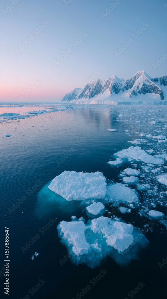Fototapeta premium Dawn-kissed Arctic landscape whispers tales of polar serenity, invoking World Ice Day and Winter Solstices frosty embrace