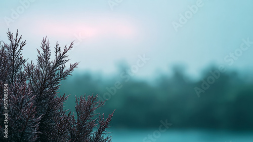 Misty dawn kisses solitary woodland heather, evoking Samhain whispers and serene introspection in a hushed botanical embrace
