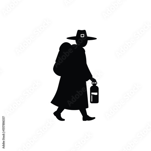 Pilgrim traveler walking with backpack and water bottle