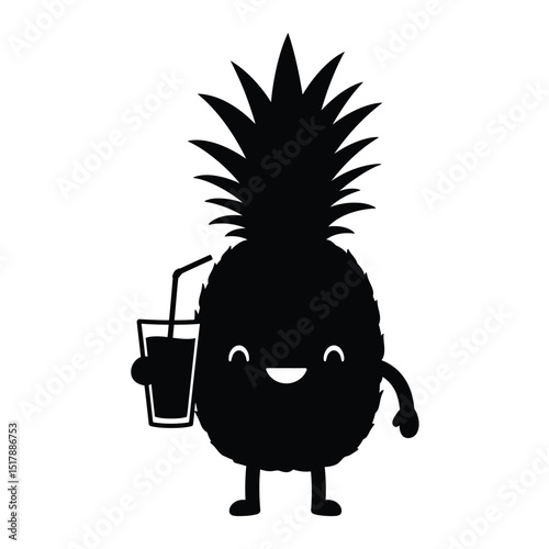 Happy pineapple character holding juice drink